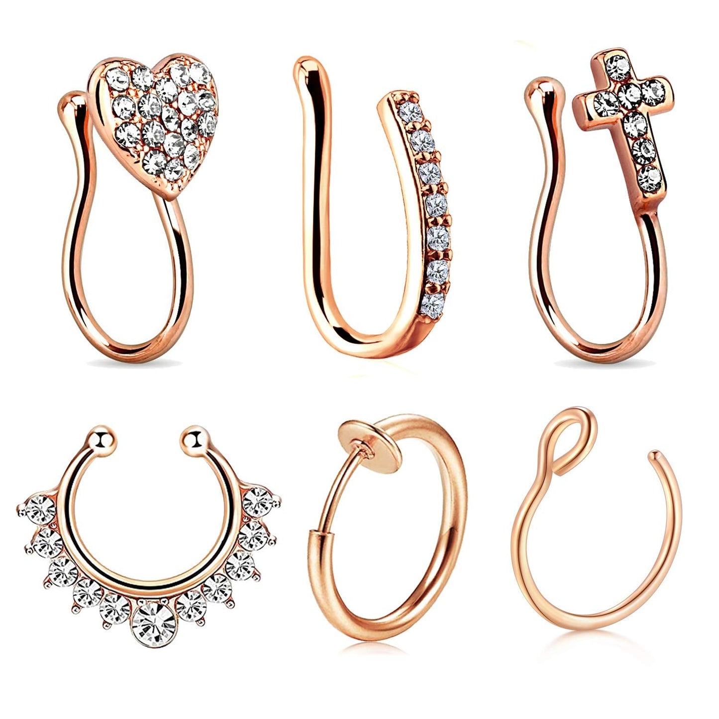 JFORYOU 6Pcs Fake Nose Rings, 16G Stainless Steel Inlaid CZ Faux Piercing Jewelry, Spring Clip on Circle Hoop No Pierced Septum Nose Ring For Women, Men