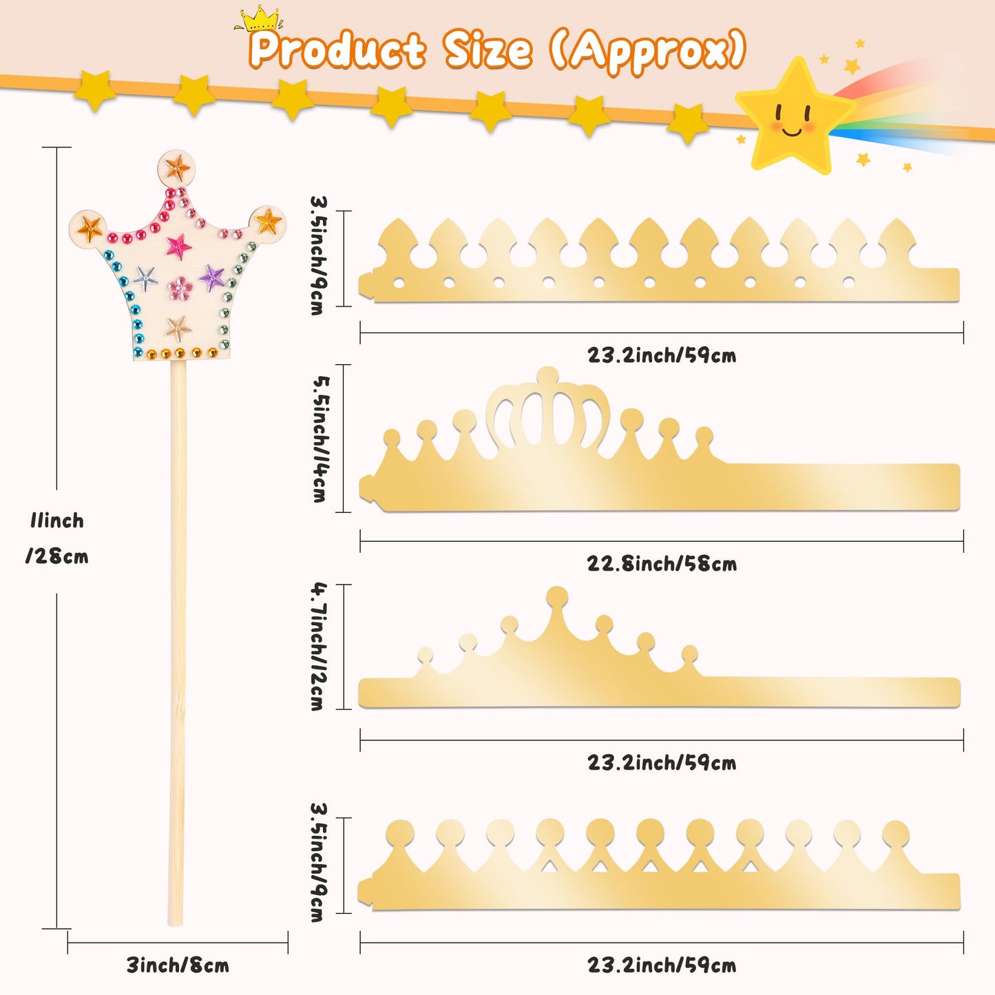 Pllieay Princess Fairy Wands Kit Include 18 Pieces 6 Styles Unfinished Wooden Princess Wand,Gold Paper Crowns, Gem Stickers, Letter and Number Stickers, Princess Art Magical Show for Party Supplies