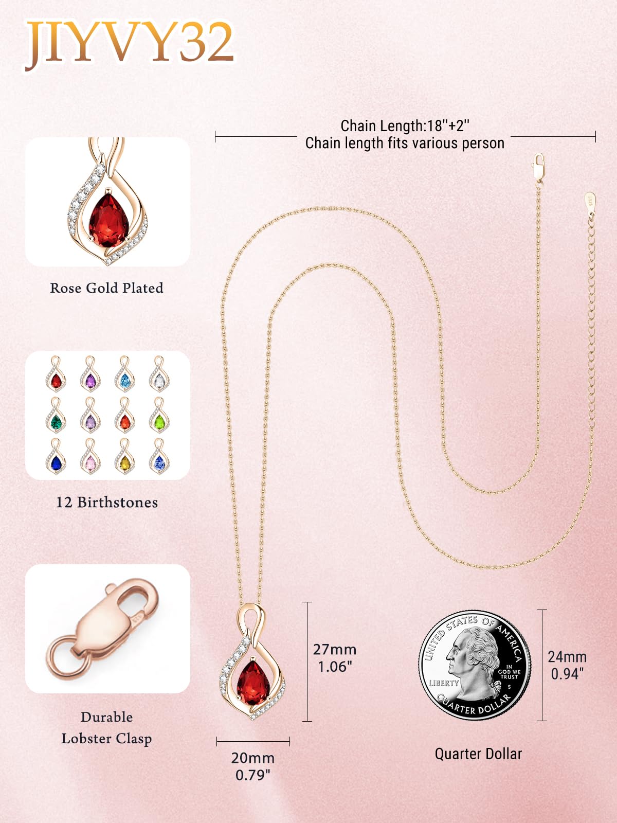 JIYVY32 Red Garnet Infinity Necklace for Women January Birthstone Necklaces Rose Gold Plating Anniversary Birthday Gifts for Wife Her Mom Girlfriend Birthstone Jewelry Gifts for Women