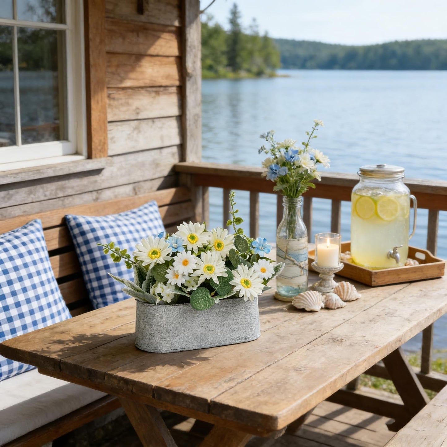 ZKIEIRE Floral Centerpieces for Tables, 12 Inch Small Artificial Flowers in Metal Pot with White Daisy Arrangement, Farmhouse Fake Potted Faux Plant for Spring Summer All Season Indoor Outdoor Decor