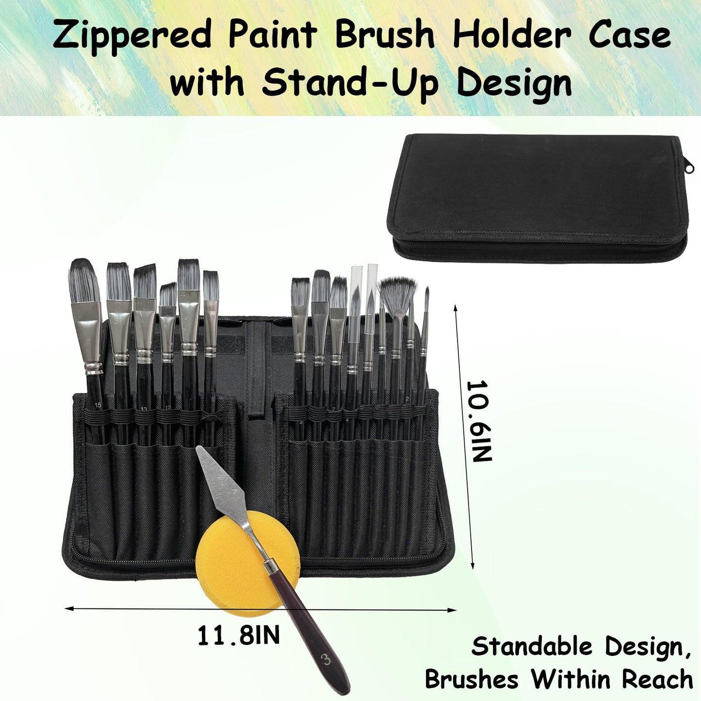 YAMIVO 18 Paint Artist Paint Brushes with Palette Knife, Sponge, Paintbrushes with Organizing Bag for Oil, Acrylic, Watercolor, Gouache, Painting (Black)