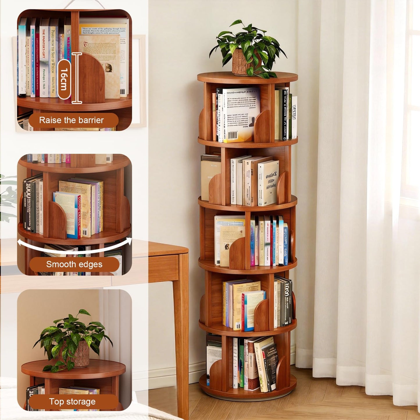 JIANXINGHOOM 5-Tier Rotating Bookshelf,Rolling Bookcase with 360° Spin for Small Spaces, Corner Revolving Organizer for Home Office, Bedroom, Kids Room Walnut Finish