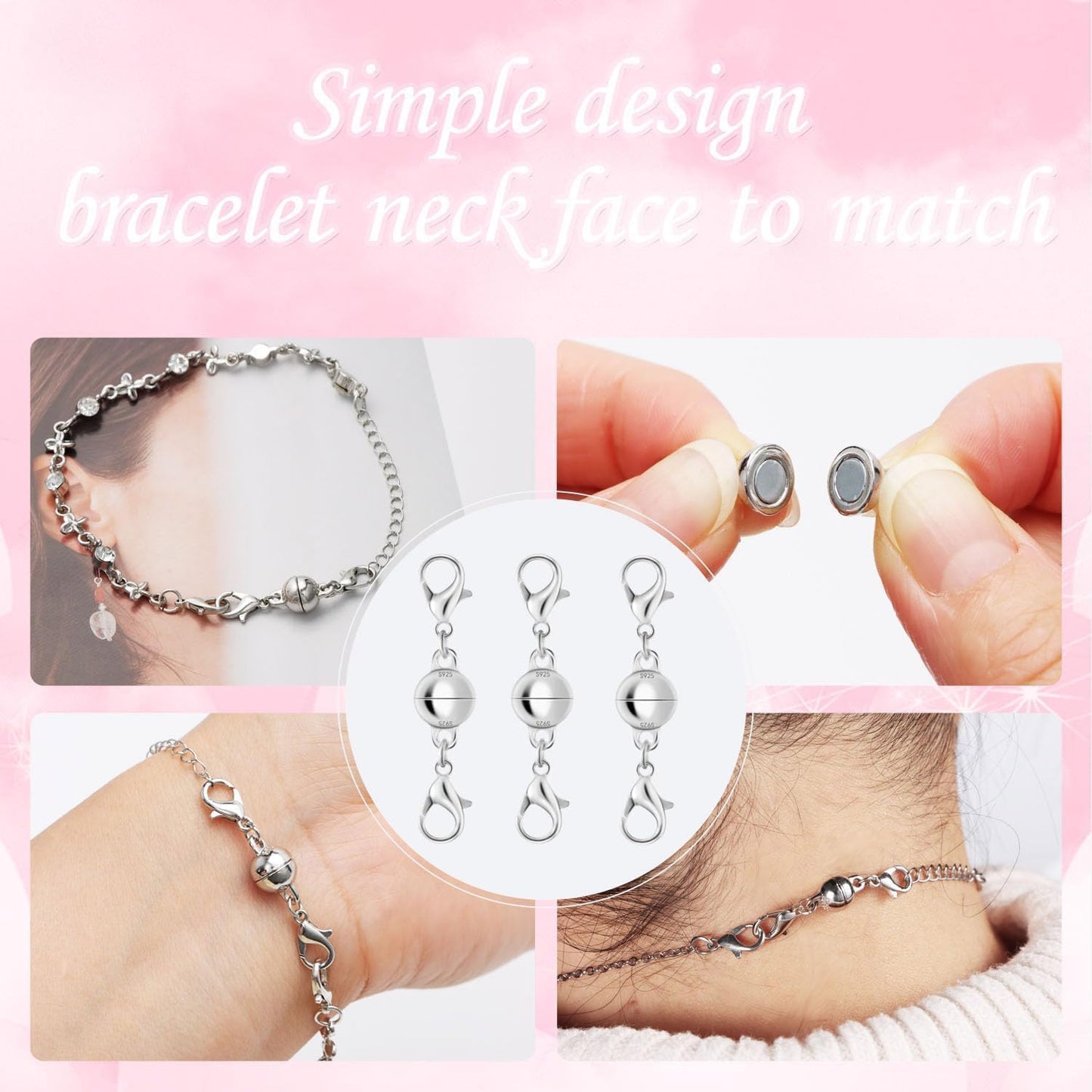 Magnetic Necklace Clasps, 18K Gold and Silver, Crystal Rhinestone Ball Connector with Lobster Clasp, Jewelry Extender for Necklaces, Bracelets (3pcs Golden)