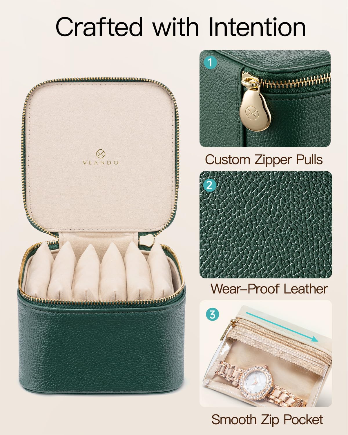 VLANDO Gifts for Teachers,Travel Jewelry Box with 6 Velvet Jewelry Zipper Pockets Jewelry Case Premium Petal Hardware Travel Jewelry Organizer Graduation Gifts (Green)