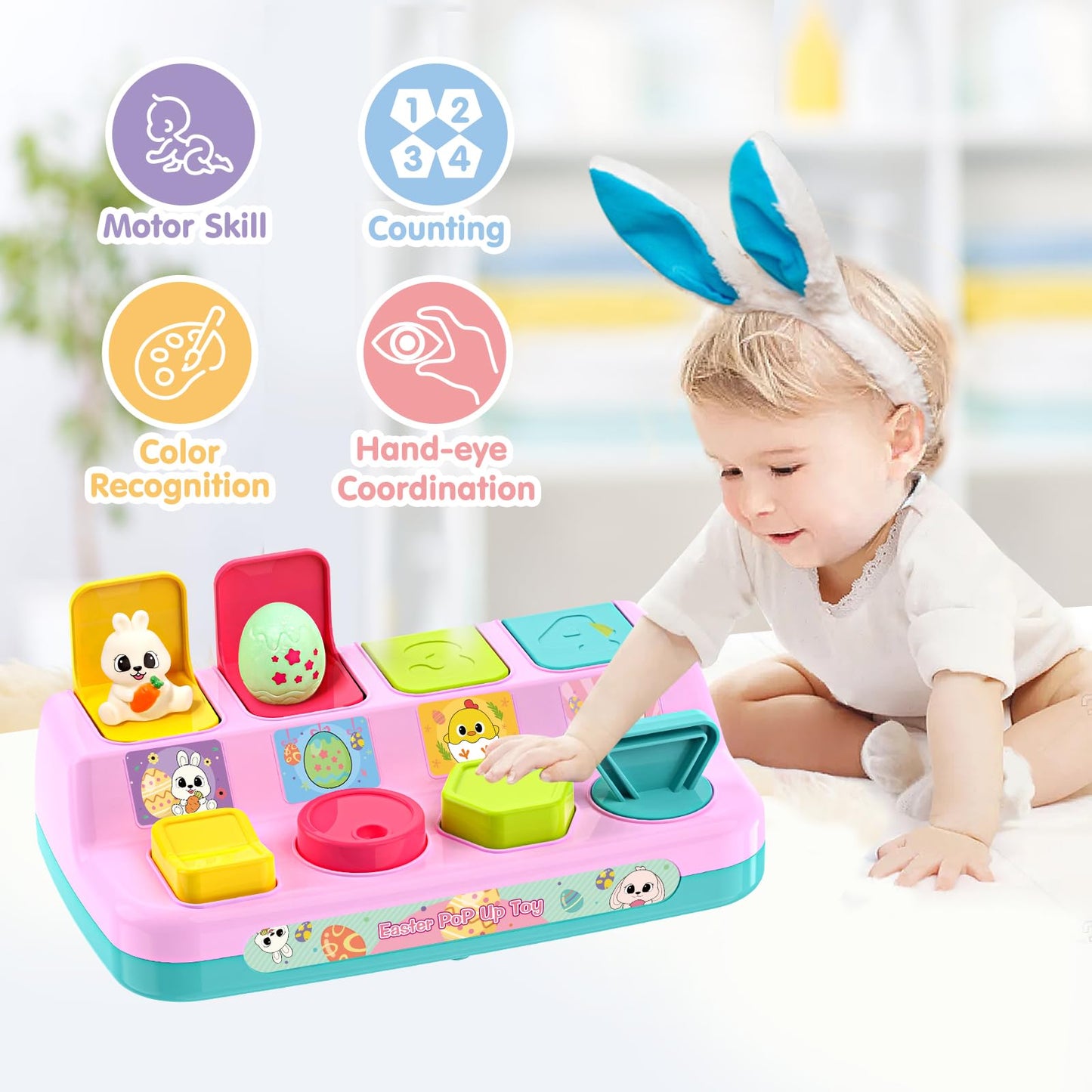 Letapapa Interactive Pop Up Toys for Toddlers, Toddler Easter Toys Easter Basket Stuffers, Montessori Cause and Effect Toy Gifts for Baby Early Learning, Baby Toys for Boys Girls Age18 Months+(Pink)