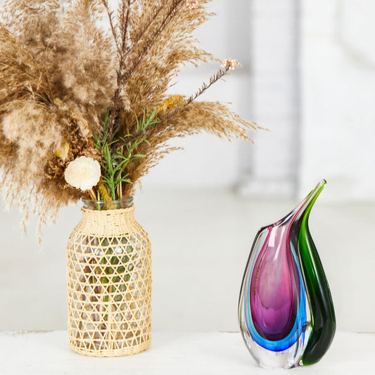 Luxury Lane Hand Blown Multicolor Sommerso Teardrop Art Glass Vase for Decor 9.5 inch Tall Centerpiece Table Decoration