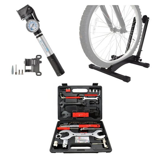Lumintrail Portable Mini Bike Pump, Indoor Compact Bike Stand for Garage on Floor, and Lumintrail 42-Piece Mountain, Dirt, and Road Bike Repair Tools Kit Bundle