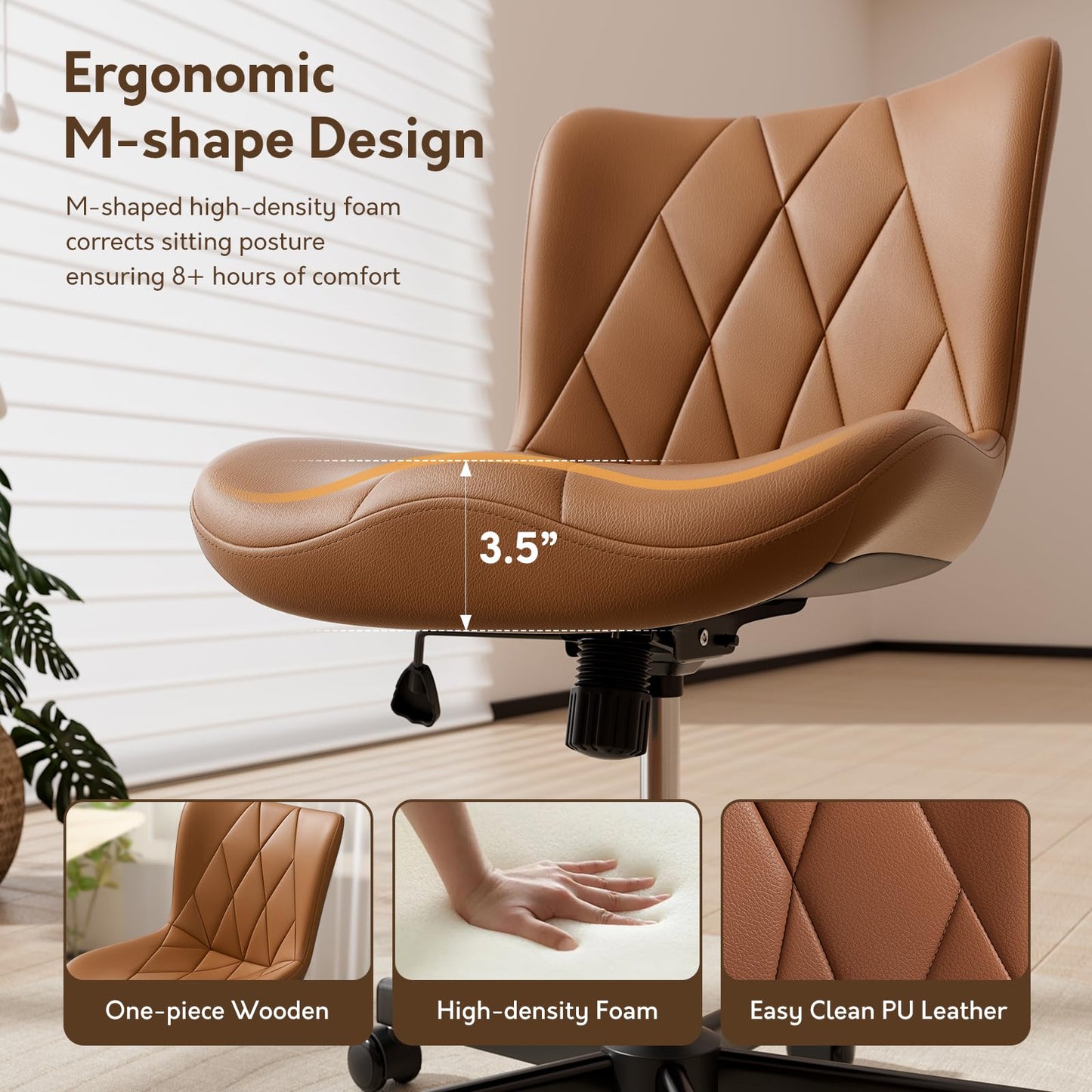 Brown Leather Armless Desk Chair, Soft Ergonomic Cushion, Height Adjustable, Rocking, Home Office
