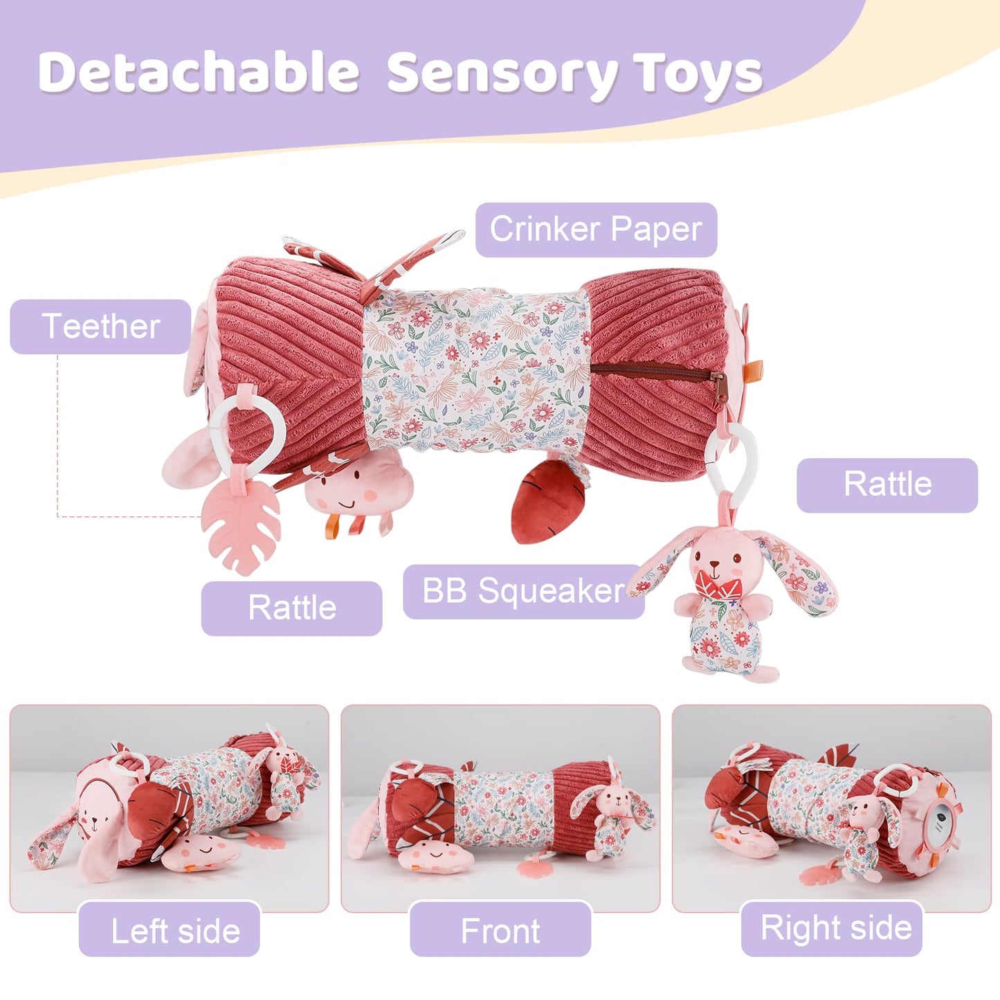 vocheer Tummy Time Pillow with Detachable Sensory Toys for Babies,Inflatable Design,Pink Rabbit, Baby Girl Toys 3-6 Months with Tummy Time Mirror, Rattles, Teether, Baby Girl Gifts