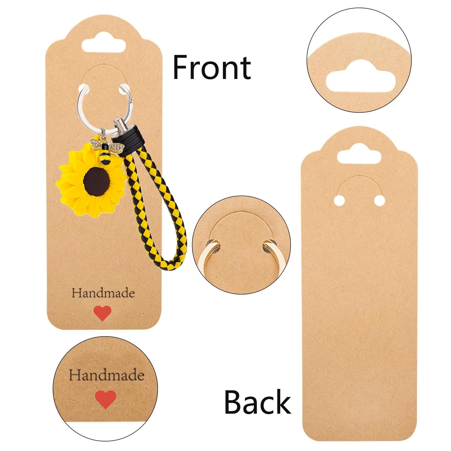 100PCS Keychain Display Cards with Clear Bags, 2.16'' x 6'' Handmade with Love Kraft Paper Jewelry Cards for Small Business Selling, Bulk Keychains Packaging Supplies (Brown)