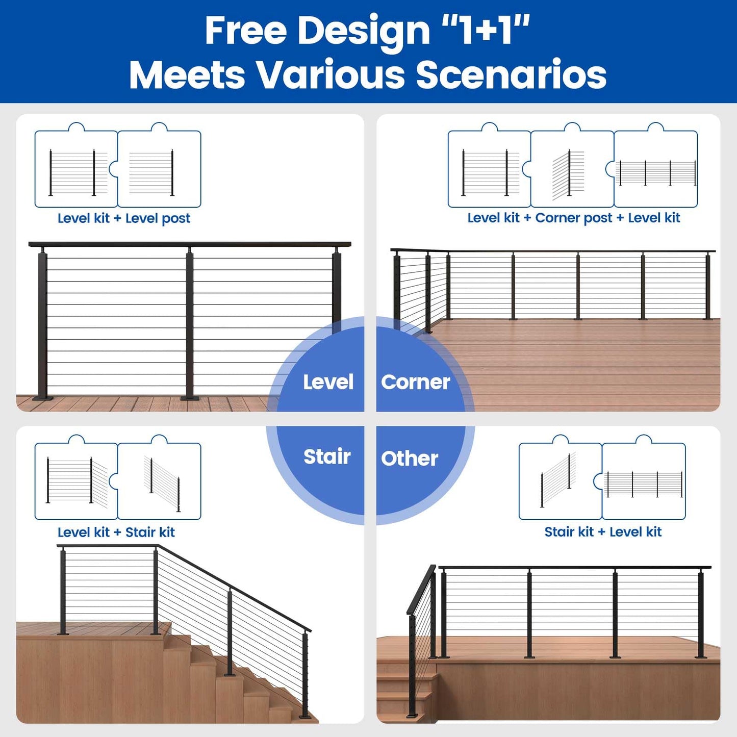 Muzata 10-15FT Modular Black Cable Railing Kit 42 Inch 3 Stair Post Kit Complete Set Cable Railing System for Stairs Length Adjustable Easy DIY with Paper User Guide (No Handrail) RWS1 BA4L