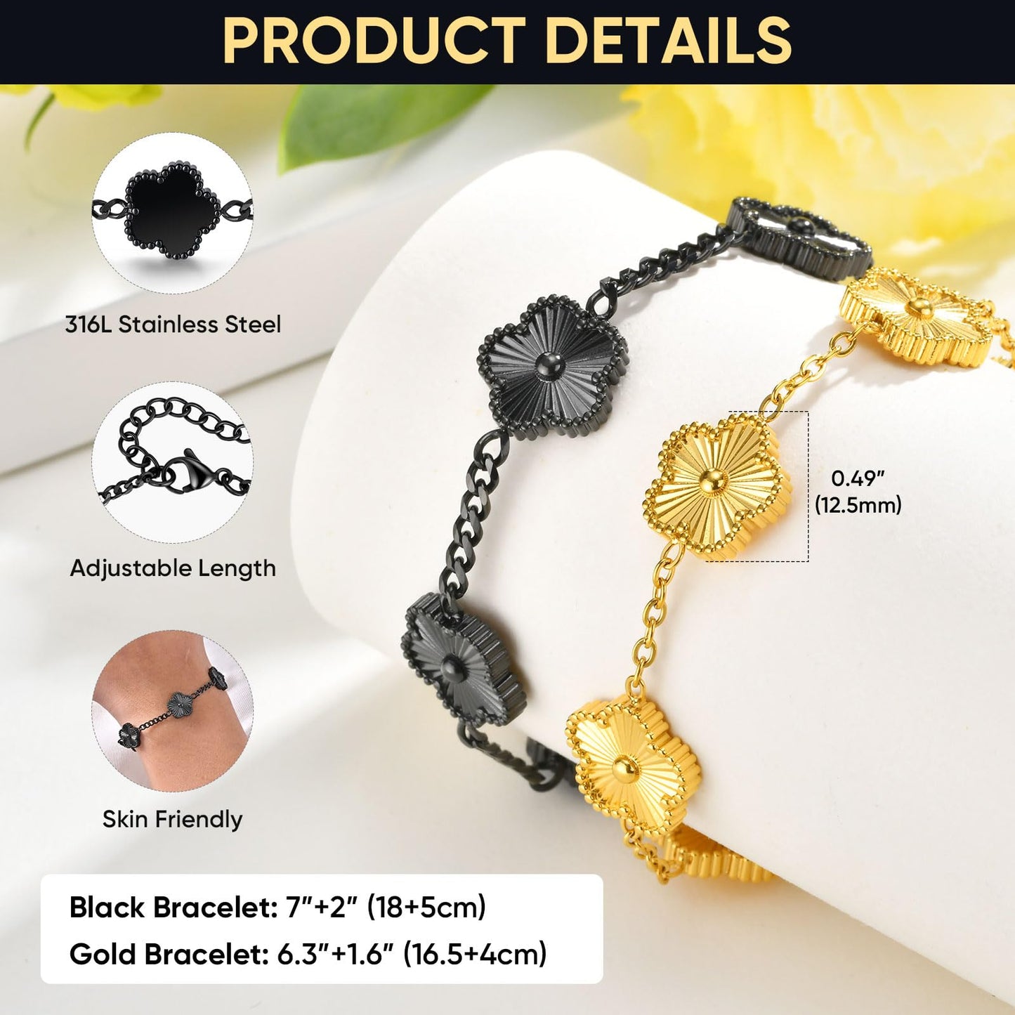 VNOX 2 PCS Floral Bracelets for Men Women -Womens Mens Stainless Steel Gold Cuban Chain Link Bracelet Lucky Charm Four Clover Flower Bracelets Trendy Jewelry Gifts，9