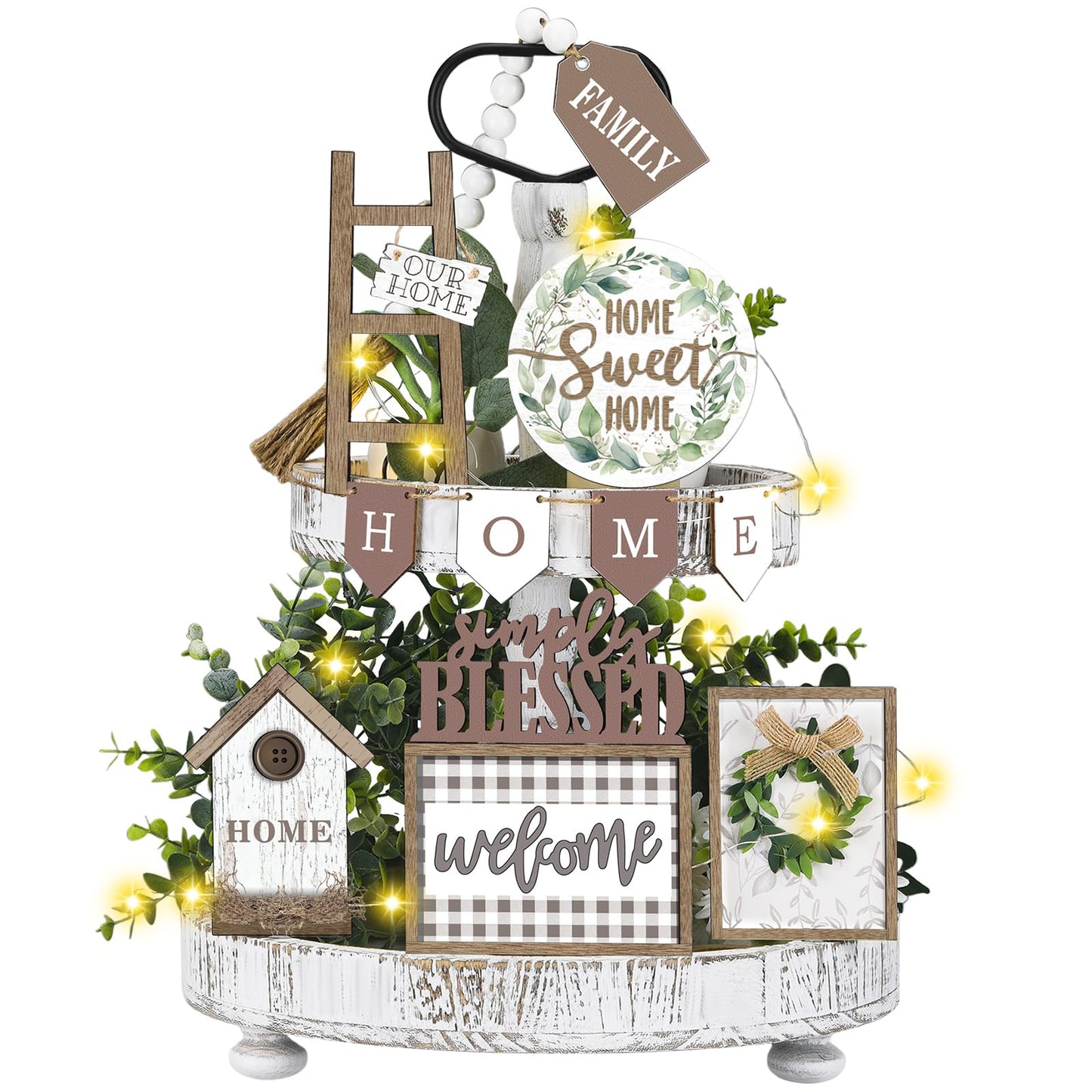 FairySandy Set of 11 Farmhouse Tiered Tray Decor Rustic Home Tiered Tray Decorations Set Wooden Signs Home This is Us Farmhouse Tabletop Wood Signs for Kitchen Table Shelf Decor