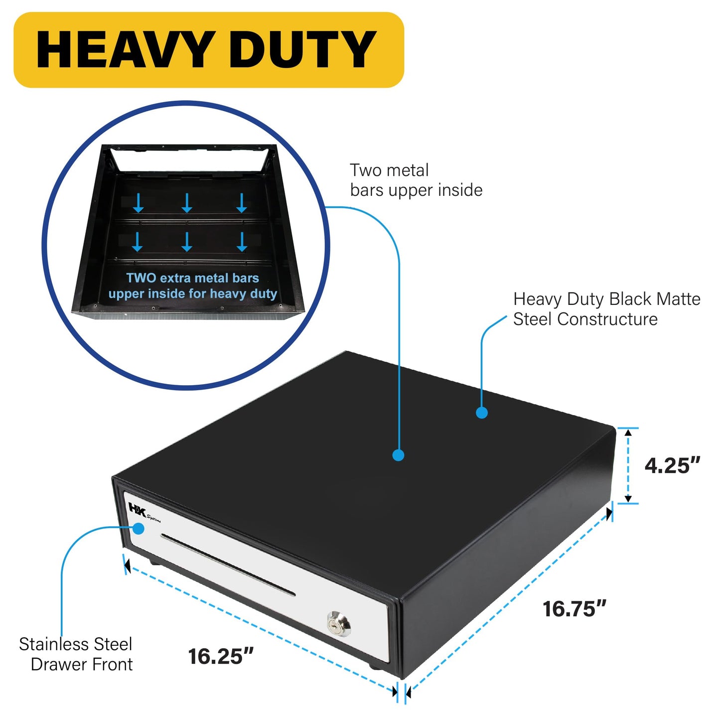 HK SYSTEMS 16inch "Stainless Steel" Front Heavy Duty POS "USB" Interface Cash Drawer with 5Bill/5Coin (BLACK) "NO compatibility with Square POS system for now"