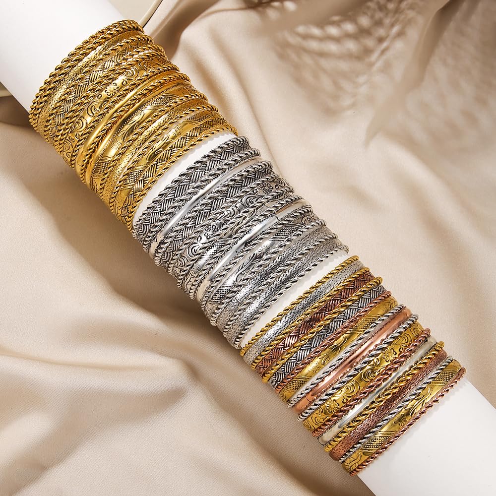 RINTOLER 19Pcs Vintage Engraved Pattern Gold Bangle Bracelets Set for Women - Multi Layer Stackable Textured Bracelets Boho Jewelrys for Women.