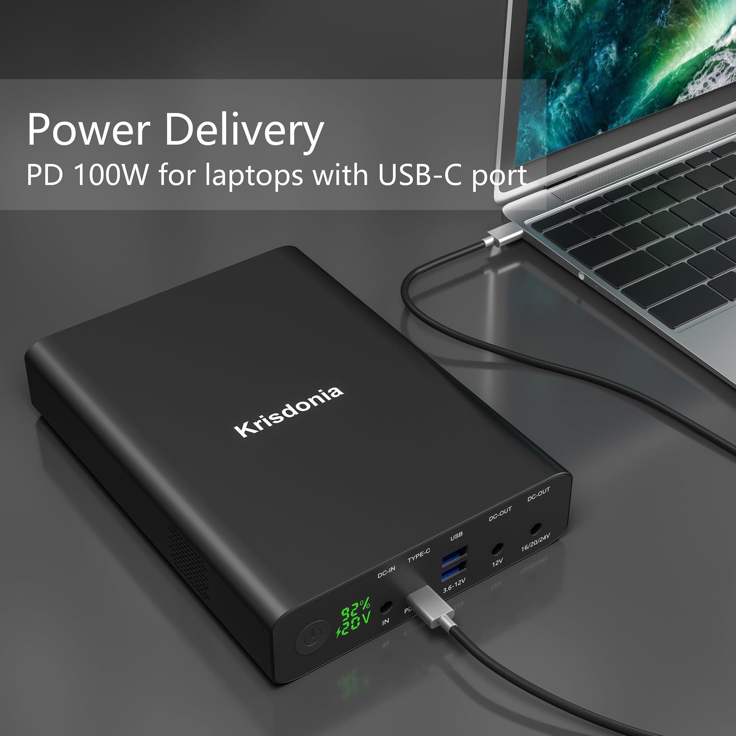 Krisdonia 100W USB-C PD Power Bank, 64000mAh Portable Charger Battery Pack [PD 3.0 USB-C 100W + DC 12/16/20/24V + Quick Charge QC 3.0 Dual Ports] for Laptop, Tablet, Smartphone, Projector and More