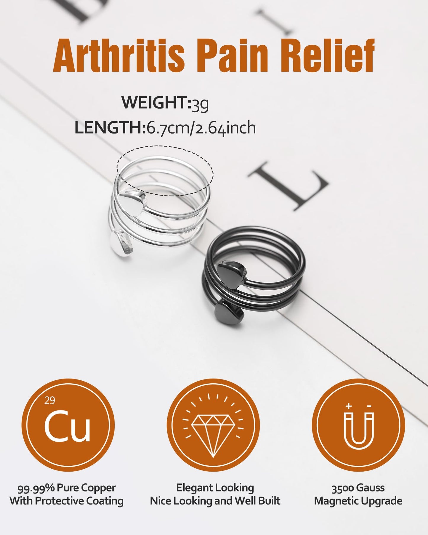 Jecanori Lymphatic Drainage Therapeutic Magnetic Therapy Rings for Women,Adjustable Lymphatic Drainage Copper Magnetic Therapy Rings, Magnetic Lymph Detox Ring Love Heart Gift(2PCS) (Black & Sliver)