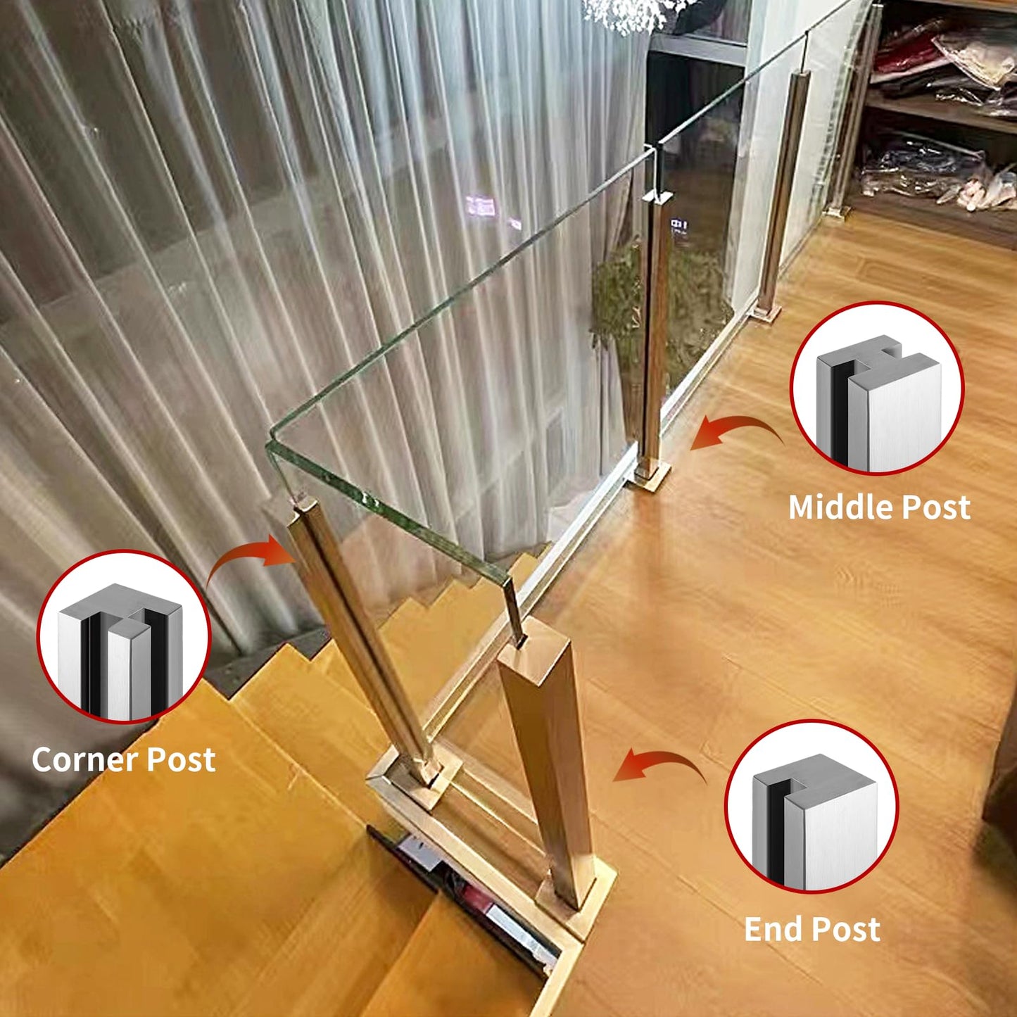 Cvter Glass Railing Post, No-Punch Heavy-Duty Glass Railing with Spigot Slots & Base, 304 Stainless Steel Clamp Bracket for Deck Balusters, Balcony, Patio, Stairs, Silver 24in Mid Post