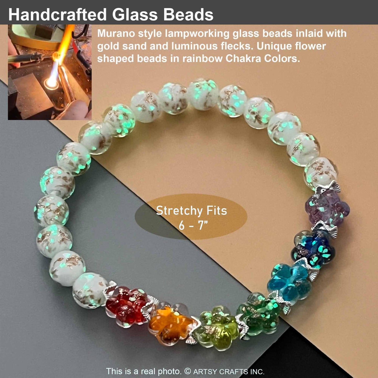 ARTSY Crafts Glow in the Dark Firefly Beads Bracelet for Women, Luminous Glass Beads Healing Crystal Glowing Beaded Bracelets, Mermaid Bracelet Stretch Bangle Wristband (Chakra White)