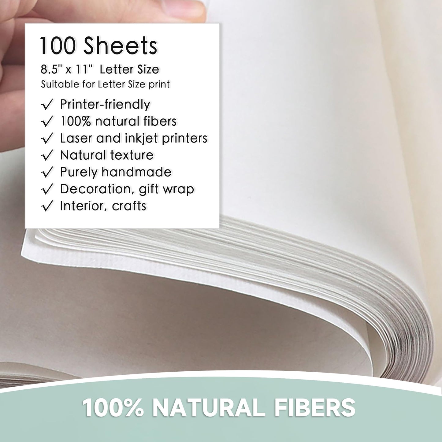 VEOOK 100 Sheets Letter Size 8.5" x 11" Mulberry Paper, Natural Fiber Rice Paper, Decoupage Decorative Tissue Paper for Writing Painting DIY Crafts Calligraphy Gift Wrap(MP-02)