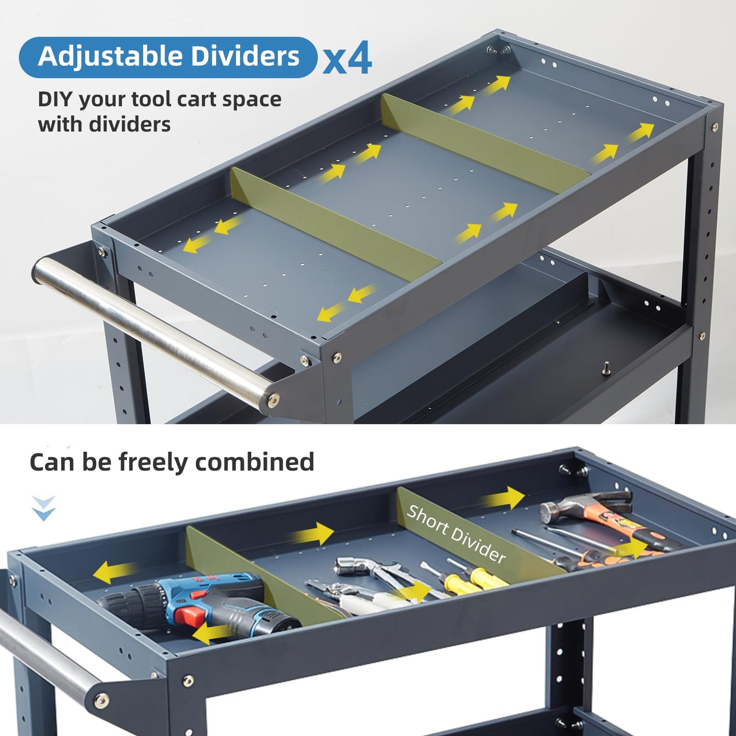 3 Tier Rolling Tool Cart, 500 lbs Capacity, 31.5"x29"x15", Mechanics Cart with 4 Dividers, Mesh Panel & Screwdriver Shelf
