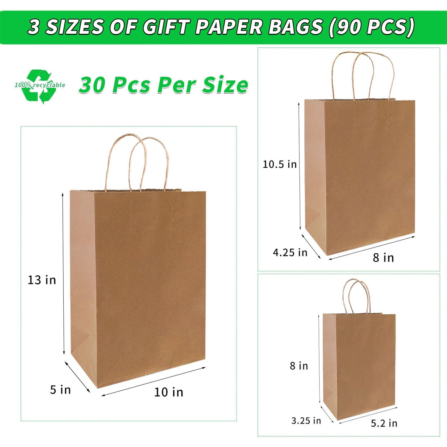 FACEBAG 90-Pack Brown Kraft Paper Bags with Handles Bulk, Assorted Sizes Gift Bags，Grocery，Retail，Party，Birthday，Shopping，Business，Goody，CraftMerchandise Take Out Sacks