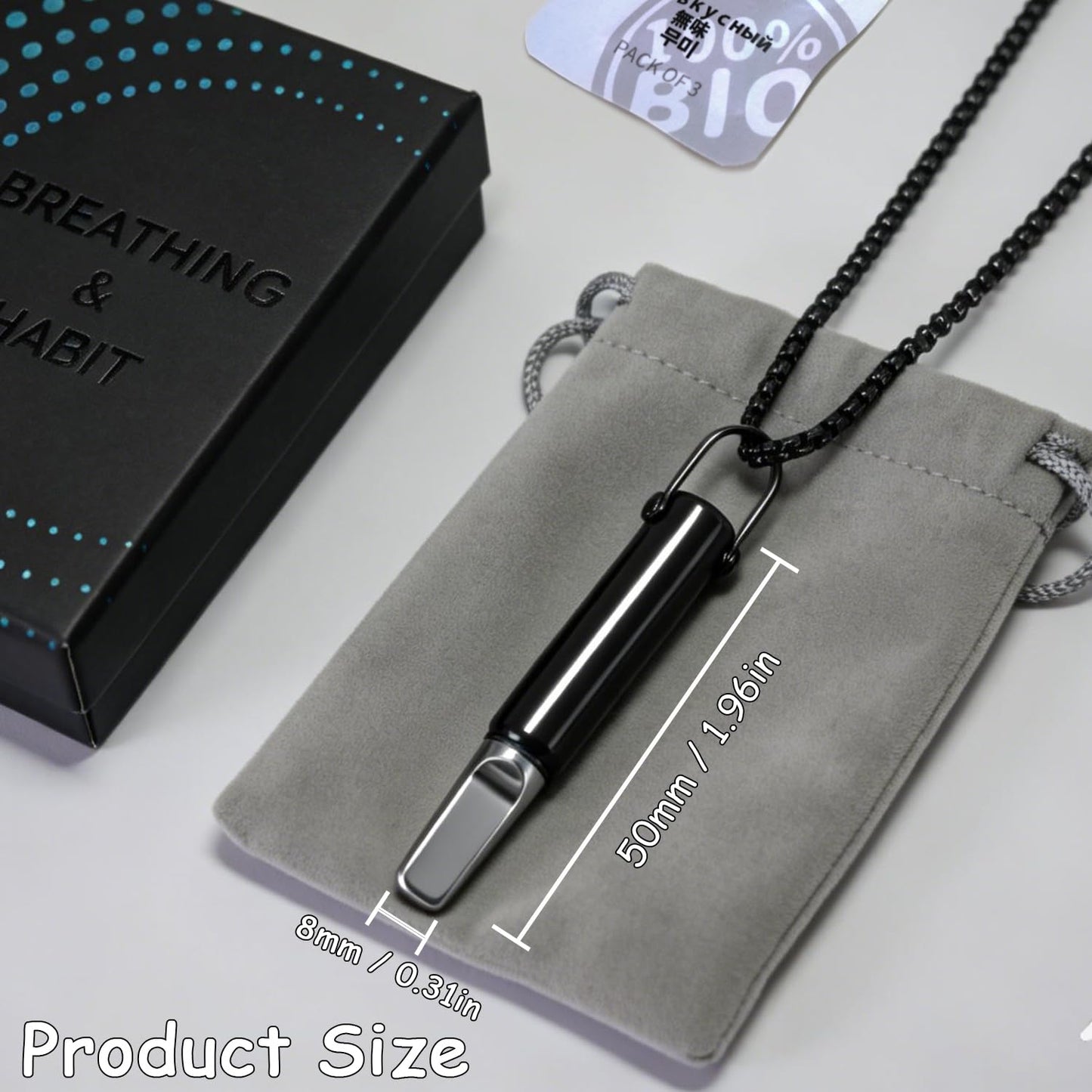 Breathing Necklace to Quit Smoking, Stainless Steel Smokeless Inhaler, Deep Breathing Aid, 3 Unscented Sponge Cores, Portable Velvet Bag, for Yoga, Office, Study, Meditation(Silver)