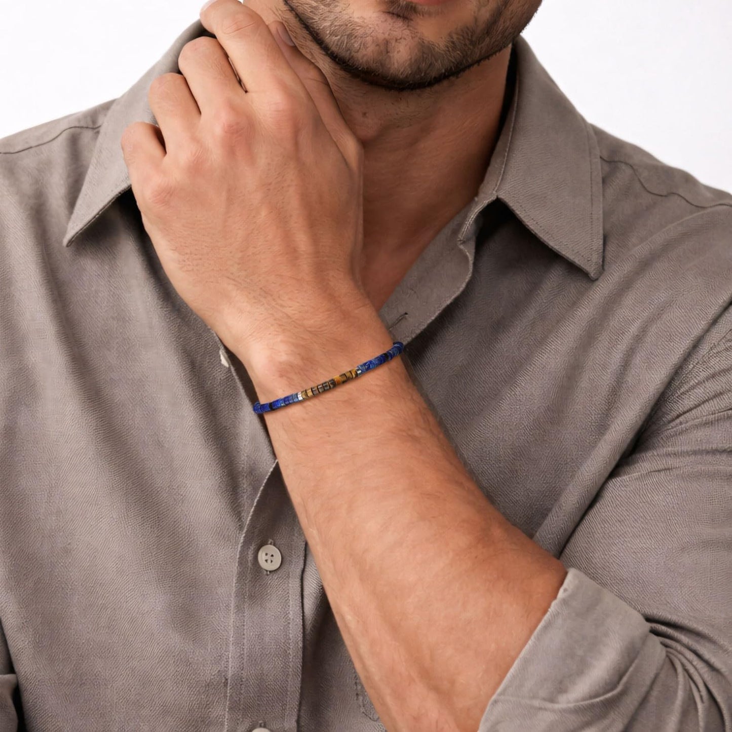 SAMYA Lapis Lazuli Bracelet for Men – Natural 4×2mm Heshi Beaded Bracelet, Stainless Steel Lobster Clasp, Adjustable Fit for 6.5”–8.0” Wrist, Blue Stone Bracelet for Men