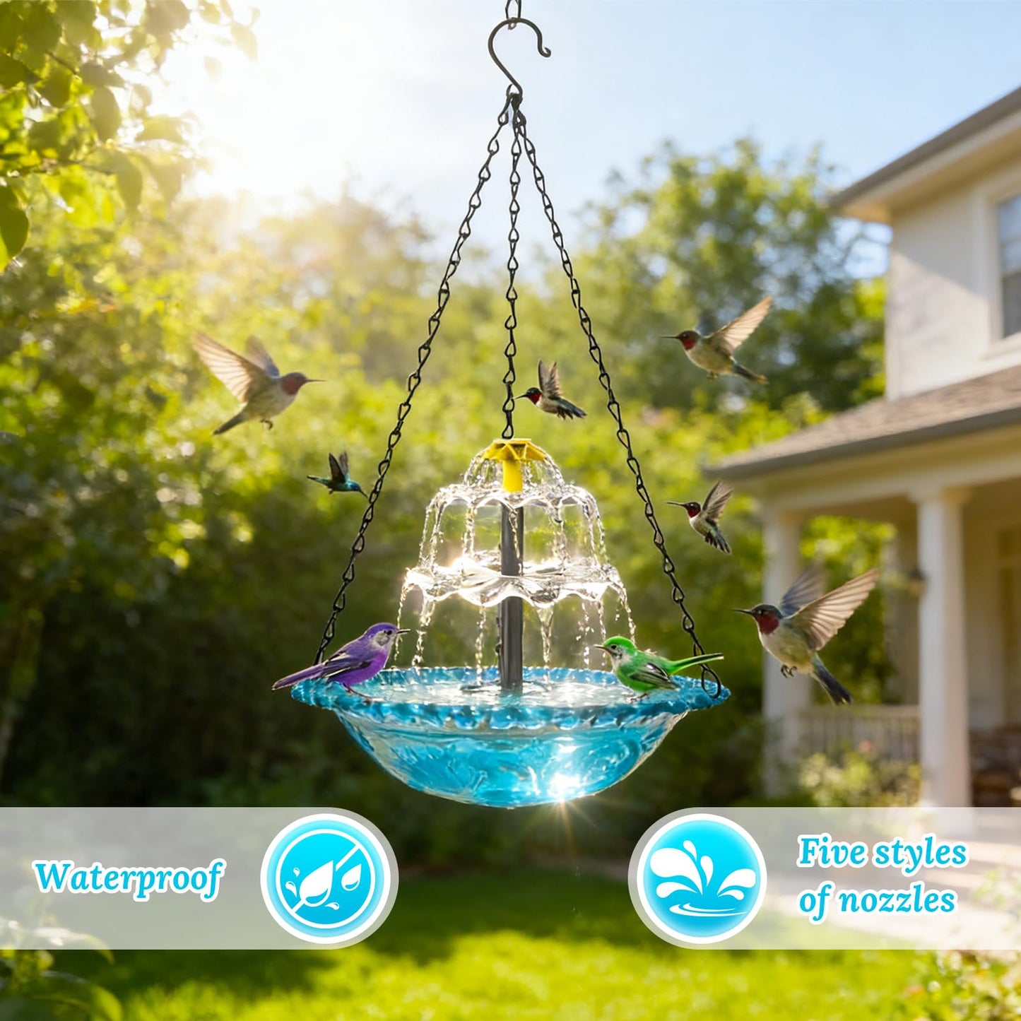 Hanging Solar Bird Bath Fountain - 3 Layers Outdoor Hanging Bird Bath with Solar Fountain, Hanging Bird Bath with Flowing Water for Outdoors Patio Backyard Lawn Garden Decor (Blue)