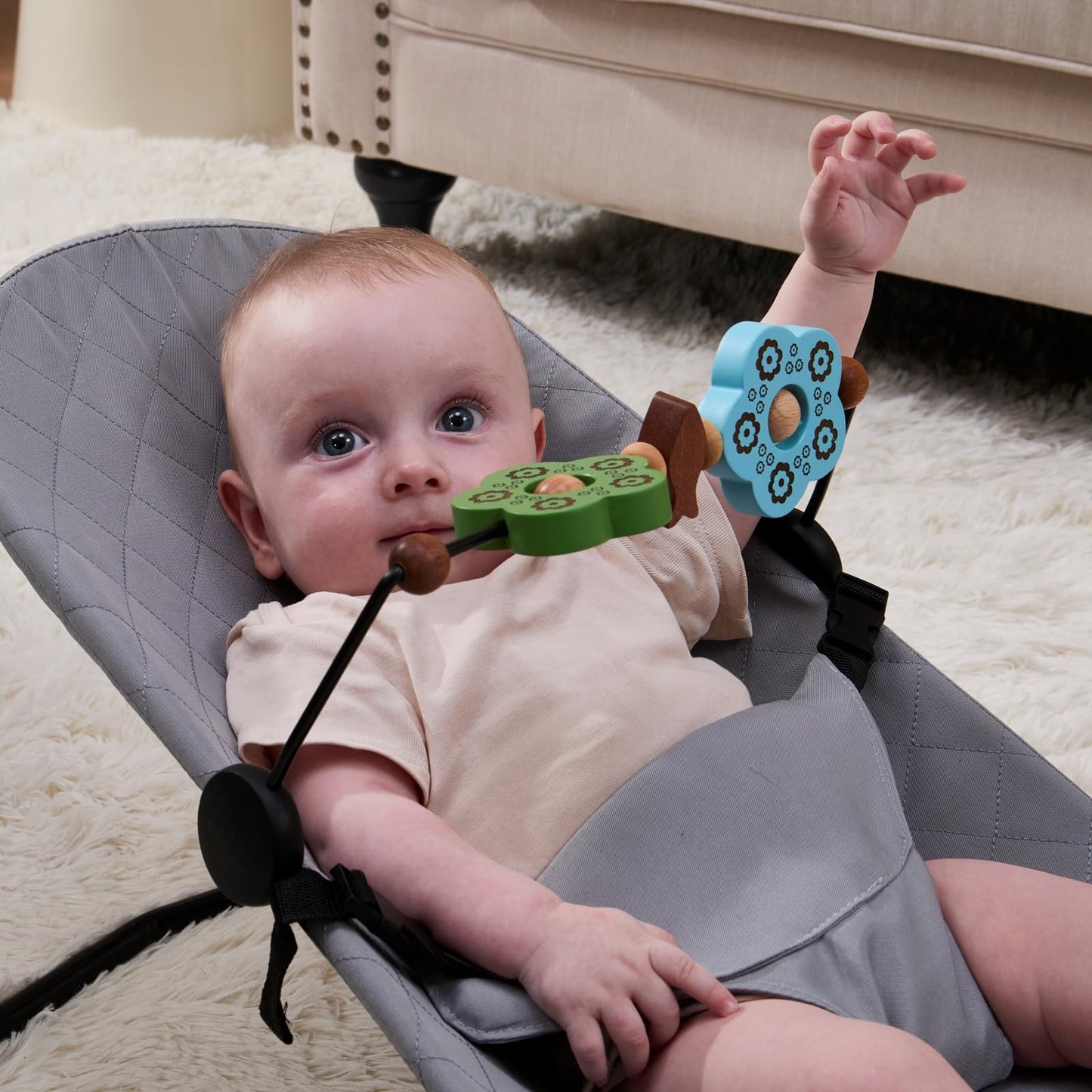 WYFWFDF Toy Bar Compatible with Baby Bjorn Bouncer Toy Bar for Baby Bouncer, Durable Wooden Infants Bouncer Attachment, Rotatable Sensory Toys, Easy to Use Accessory (Blue Green)