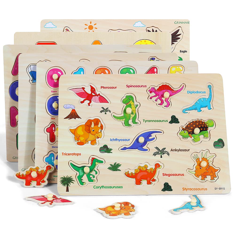 GRINNNIE Wooden Peg Puzzle for Toddlers, 6 Pack Toddler Puzzles Set for 3 4 5 Years Old (Alphabet Number Shape Animal Dinosaur Vehicle), Preschool Education Learning Puzzle Toys for Girls and Boys