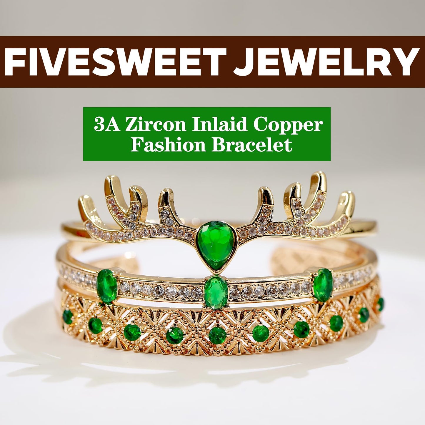 fivesweet 3PCS Gold Bangle Bracelet Set for Women, Luxurious Emerald Style, Copper Inlaid with 3A Zircon, Stackable Trendy Jewelry, 2.4 Inch, Great Gift for Her Girlfriend Wife Mom Sister Lover on Birthday Christmas Valentine's Day Mother's Day