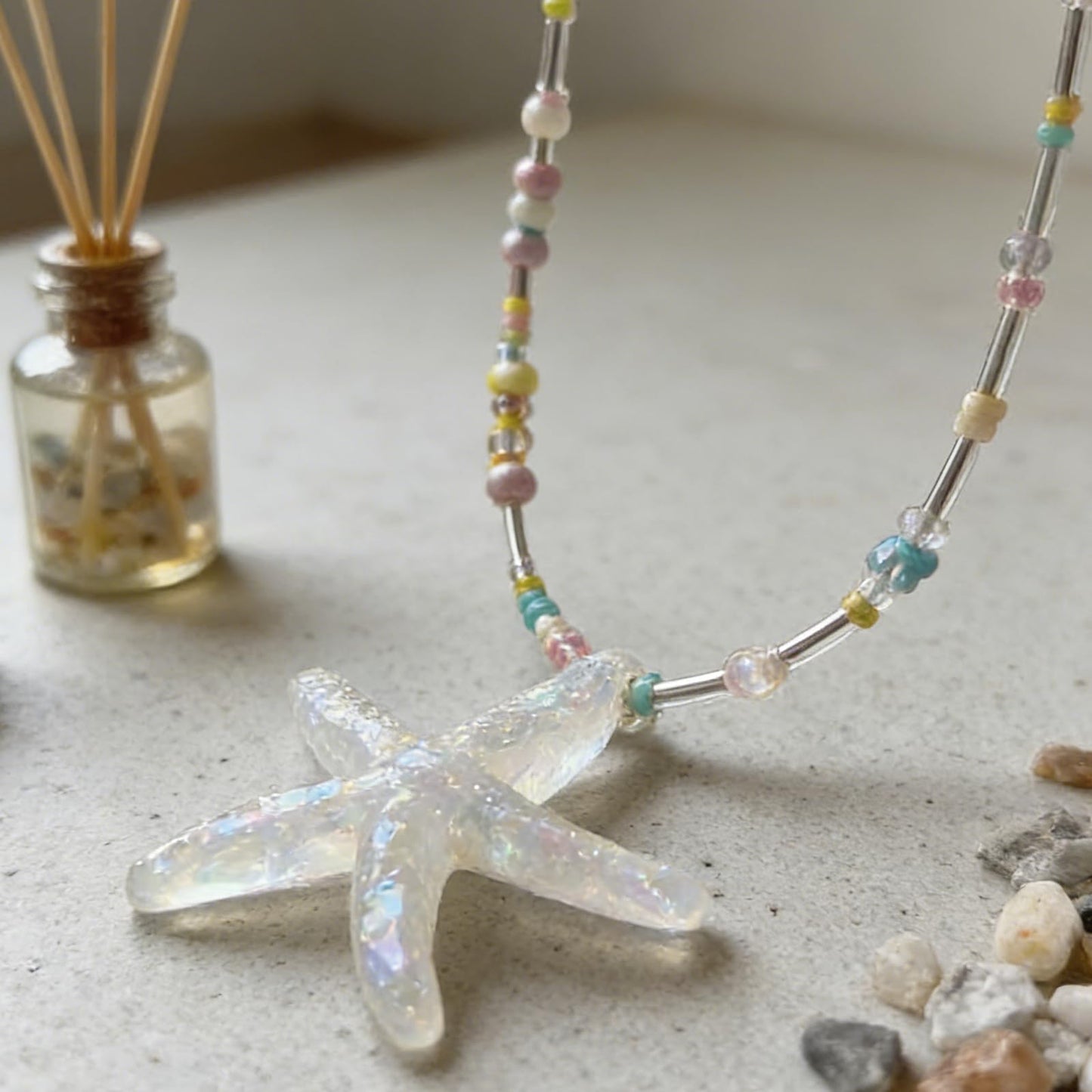 Peraca Cris Sea Shell Necklace Starfish Pendant Necklace for Women Colorful Summer Vacation Jewelry for Women Small Candy Beaded Necklaces Boho Jewelry Lime Green Pink Accessories Gifts
