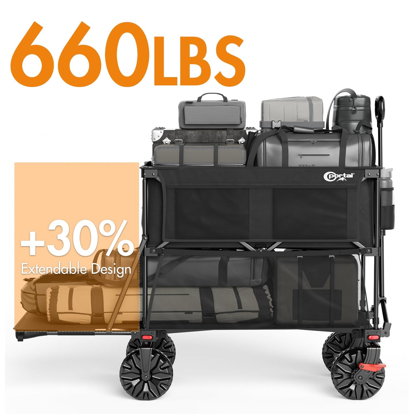 Portal Collapsible Large Double Decker Wagon with Brakes, 660lb Foldable Heavy Duty Utility Wagon Cart, 400L All-Terrain Big Wheels & 54" Extra Long Extender for Sports, Camping & Outdoor Use