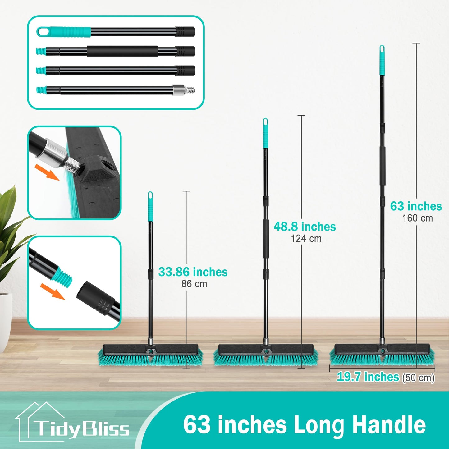 TidyBliss 18” Push Broom Outdoor Heavy Duty 3 Pack, Large Commercial Stiff Bristle Brush with 63 inches Long Handle for Garage Shop Garden Yard Patio Deck Street Warehouse Lawn Driveway (Green)