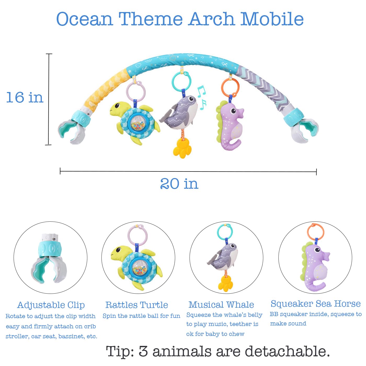 BATOHO Baby Stroller Arch Toy, Clip On Arch Mobile for Bassinet with Universal Clamps, Activity Toy Bar for Bouncer Musical Crib Mobile Toys for Infants Car Seat Toys Rattle Turtle Music Whale