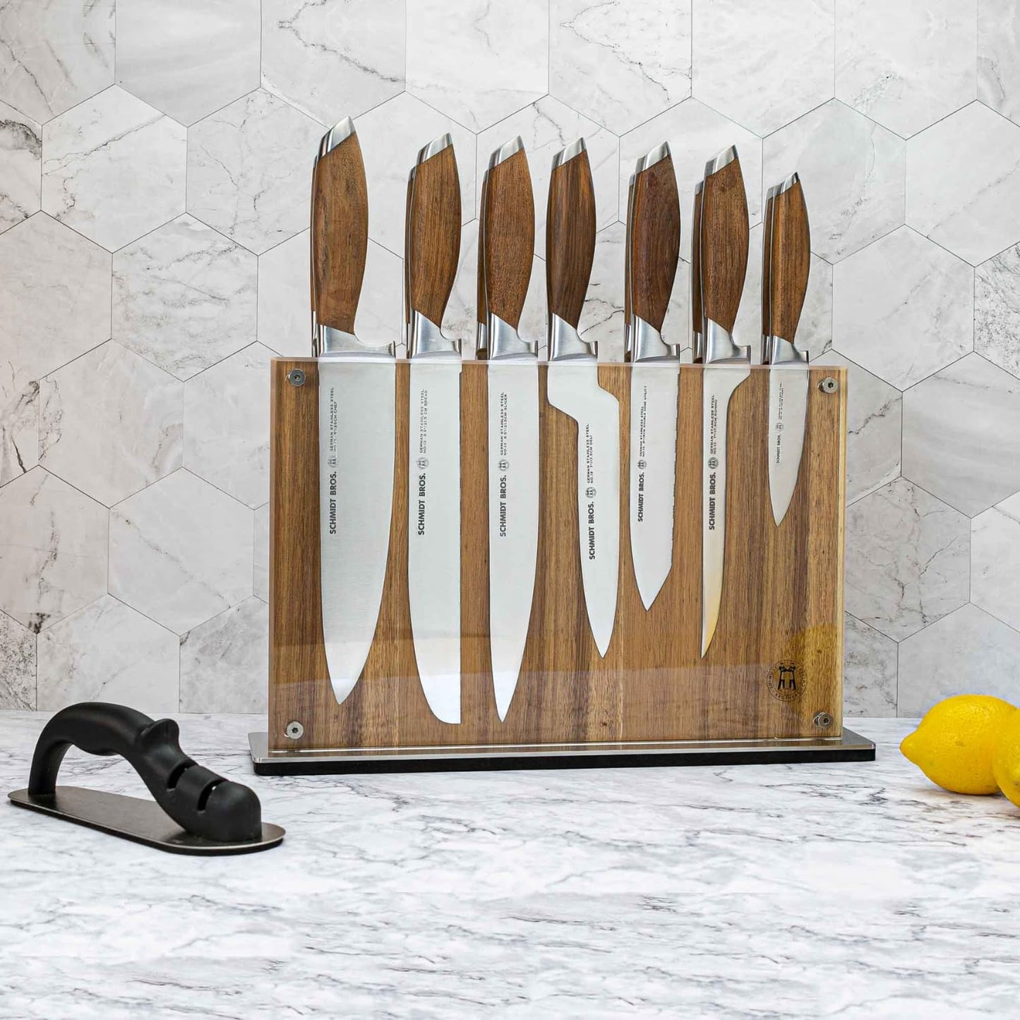 Schmidt Brothers - Bonded Teak, 15-Piece Knife Set, High-Carbon Stainless Steel Cutlery with Acacia and Acrylic Magnetic Knife Block and Knife Sharpener