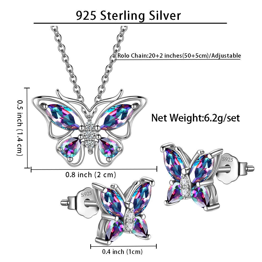 Hipunk Butterfly Mystic-Rainbow-Topaz Jewelry Sets Birthstone Women 925 Sterling Silver Fire-Topaz Birth Stone Animal Butterflies Jewelry Sets/Earring Set Crystal Birthday Jewelry SS0001C