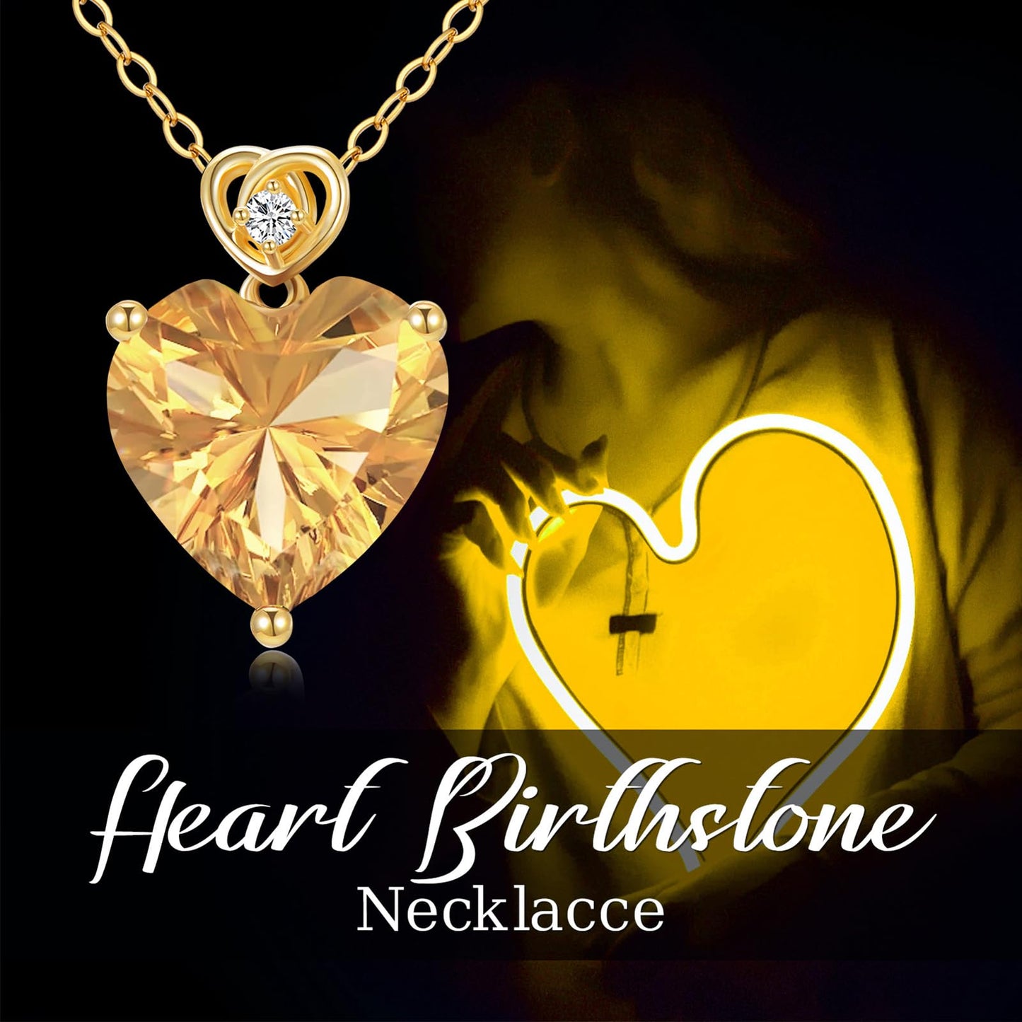 NFYBD 14k Gold Love Heart Citrine Birthstone Pendant Necklace for Women 3 Carat Heart-cut Created Gemstone Anniversary Birthday Mother's Day Necklaces for Her 16+1+1 inch-Nov