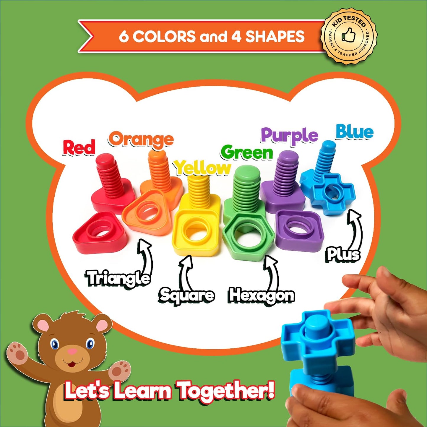 Jumbo Nuts and Bolts For Toddlers - Fine Motor Skills Rainbow Matching Game Montessori Toys For Toddlers & Toddler Games | 12 pc Occupational Therapy Educational Toys with Toy Storage + eBook