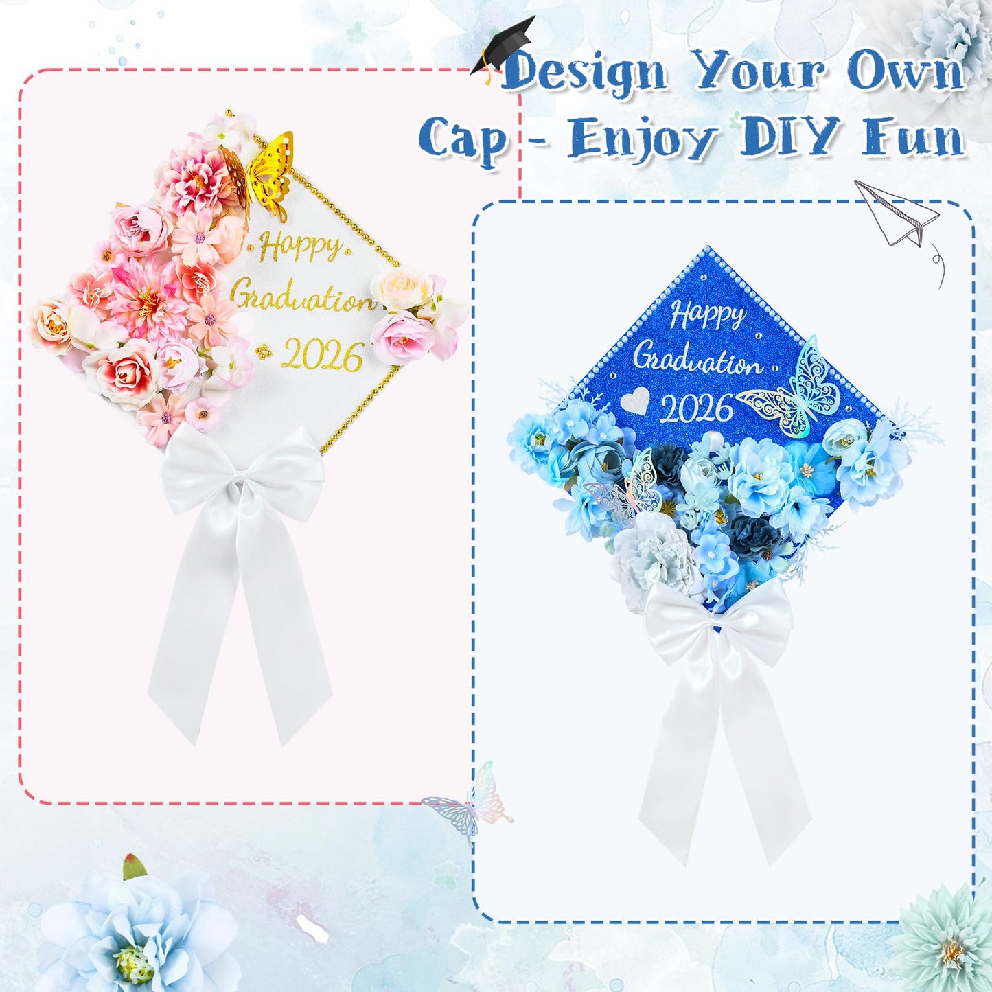 Brikabia Graduation Cap Decorations Kit 2026-39PCS Grad Cap Decorations for Graduation with Faux Flowers, 3D Butterflies, Letter Stickers, Glitter Paper, Satin Hair Bow for DIY Grad Hat Topper