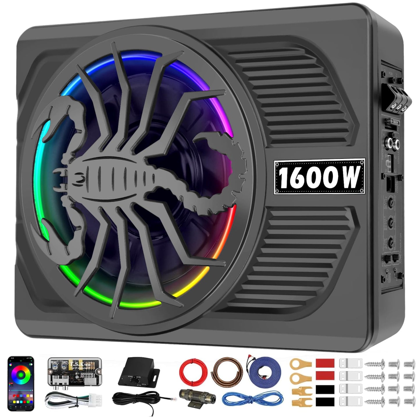 TZGBASS 2026 Upgraded 1600W Slim Underseat Car Subwoofer and Amp Package with RGB Beat-Synced Light, Individual Control for Low Pass/Gain/Boost Bass, Clean Deep Bass Perfect for Truck, SUV, Jeep