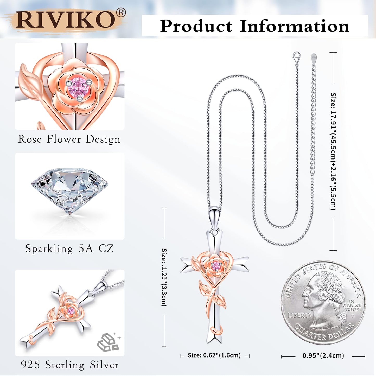 RIVIKO 925 Sterling Silver Cross October Birthstone Necklace for Women Cross Rose Pendant Necklaces Trendy Christmas Valentine's Day Jewelry New Year Anniversary Birthday Gift for Women Her Wife