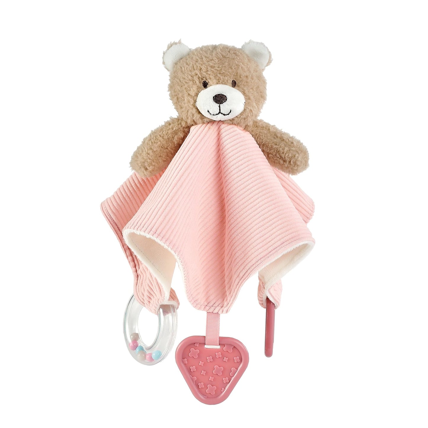 CREVENT 3-in-1 Baby Lovey Blanket with Teether & Rattle | Plush Chewable Animal Head Security Blanket, Birthday Gift - Pink Bear