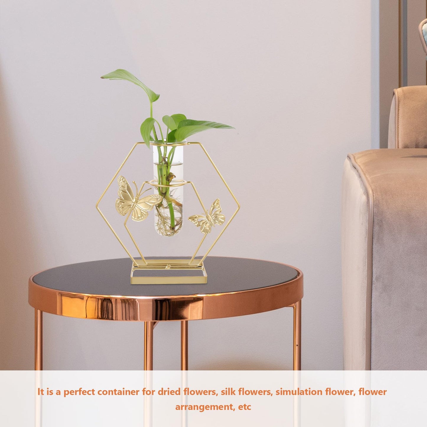 JOINPAYA Hydroponic Glass Flower Vase with Metal Hexagonal Frame, Butterfly Pattern Decorative Desktop Terrarium, Delicate Plant Holder for Home and Office Décor