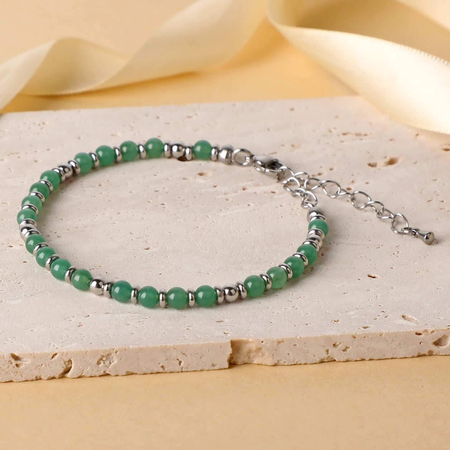 4mm Green Aventurine Tiny Beaded Bracelets For Women, Energy Gem Charm Jewelry Adjustable Bracelet Gifts for Mom, Daughter, Wife, Coworkers, Friends, Bestie