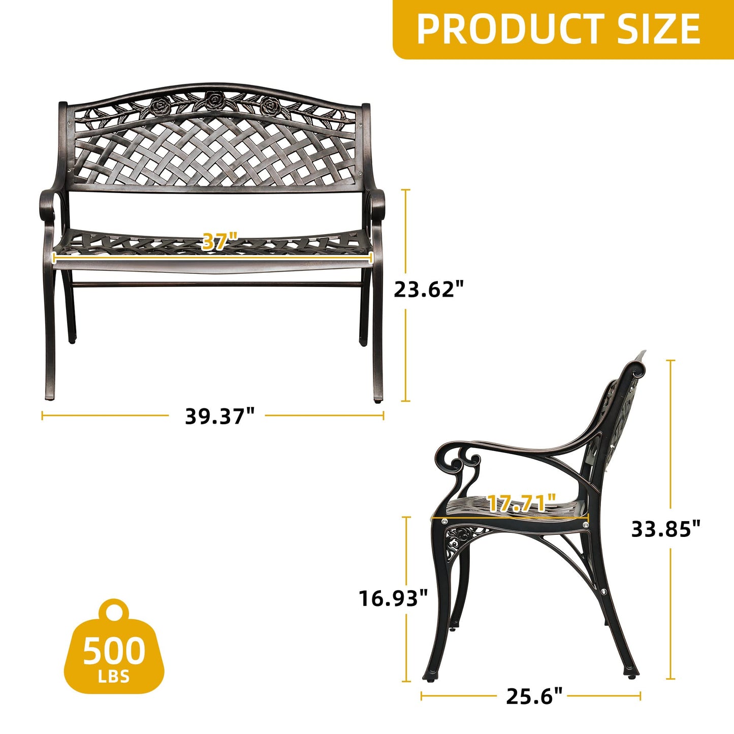 DWVO Cast Aluminum Outdoor Bench, 39.4’’ Patio Garden Benches for Outdoors, Metal Frame Patio Bench for Backyard, Lawn, Deck, Porch, Park, Bronze