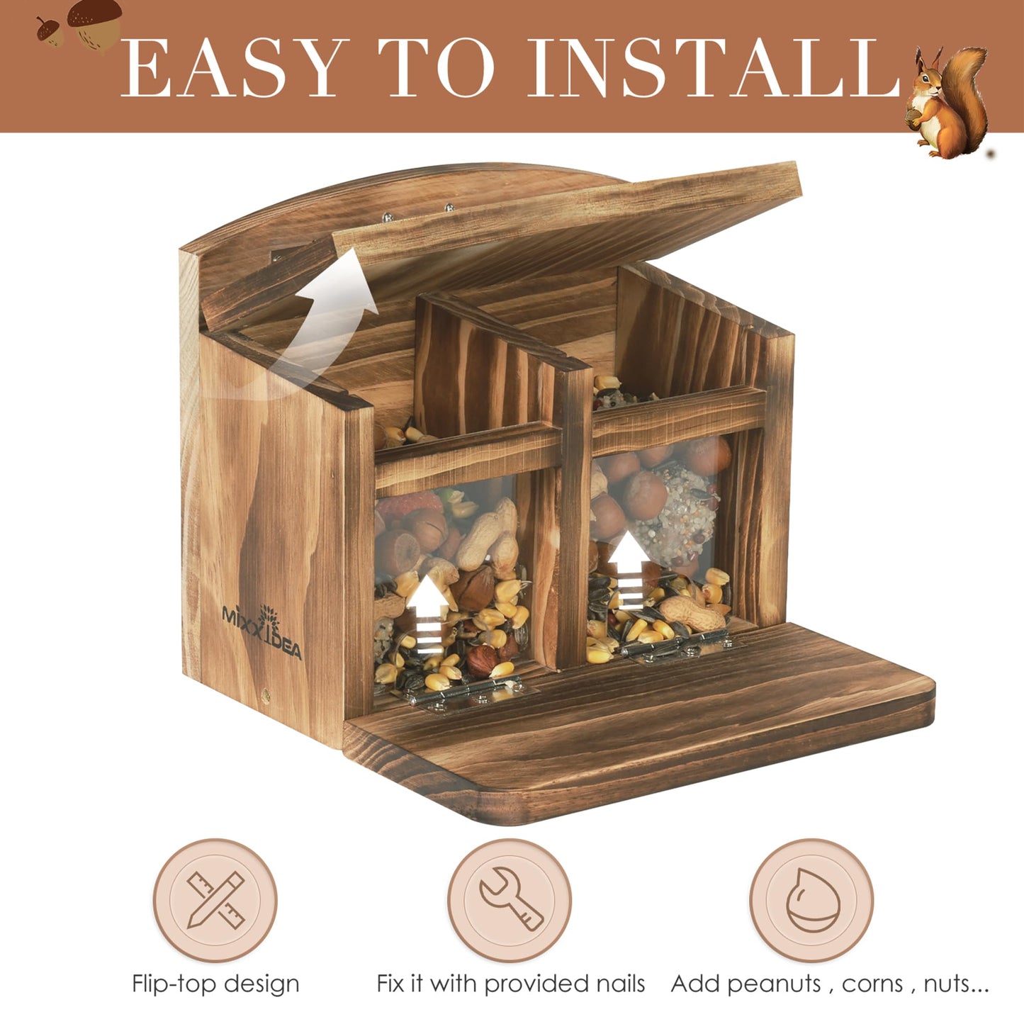 MIXXIDEA Large Squirrel Feeder House, Wooden Squirrel Feeders for Outside, Chipmunk Feeder Made of Thick Wood, No Assembly Required (Brown)