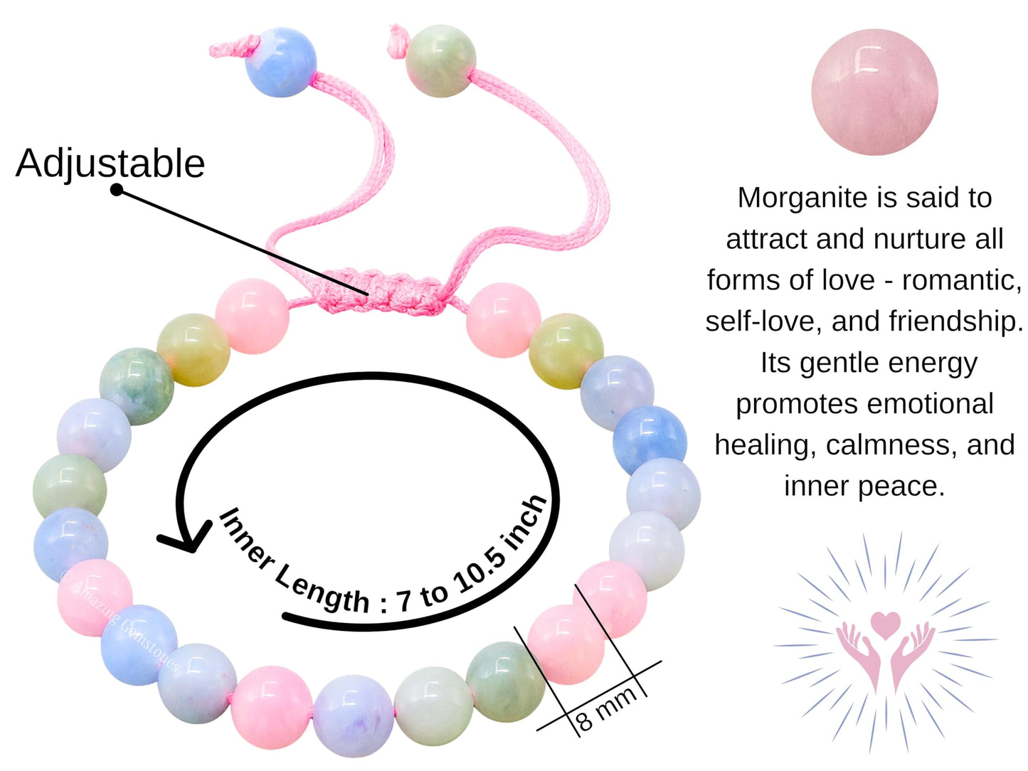 Amazing Gemstone Natural Morganite Bracelet for Women Men's Gifts - Protection Healing Crystal Bracelet - 8mm Gemstone Beaded Adjustable Bracelet Pulseras Para Hombres Mujer Stocking Stuffers