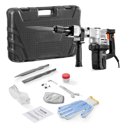 VEVOR 3500W Electric Demolition Hammer, 1900 BPM Durable Jack Hammer, Concrete Breaker with 2 Chisels, Gloves, and a 360° Rotatable Handle for Efficient Trenching, Black